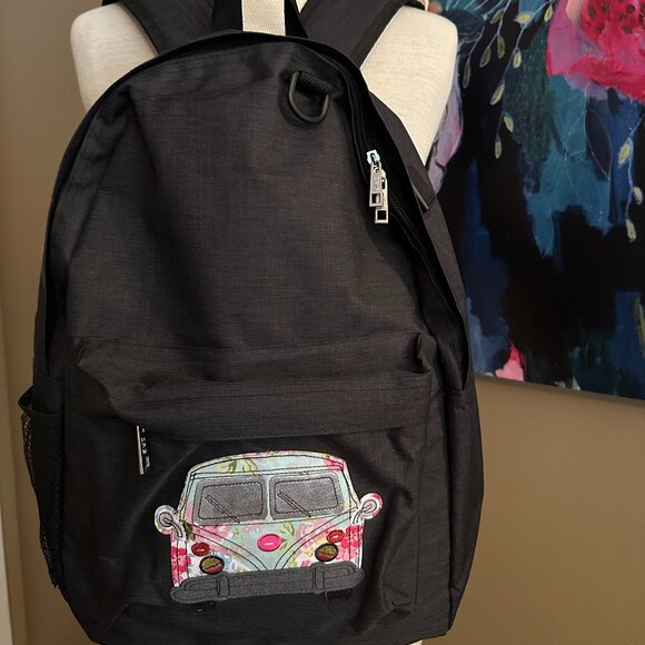 EUC CRG Black Backpack With Vintage Floral Volkswagen On Front - Picture 1 of 9